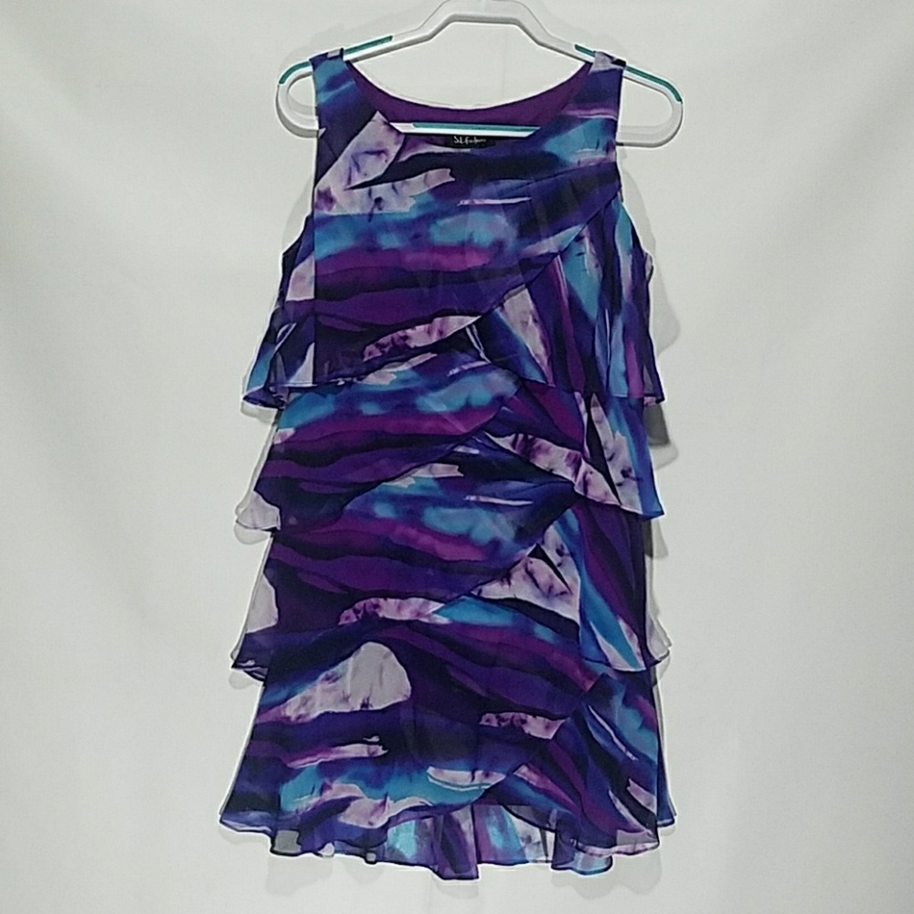 S.L. Fashions Purple Blue Tiered Shift Size 14 P